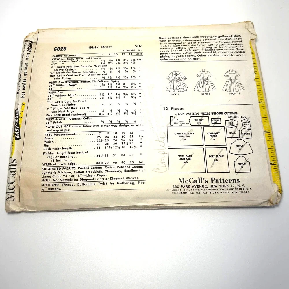 McCalls Vintage 1960's Pattern #6026‎ Girls Flare Dress Size 8